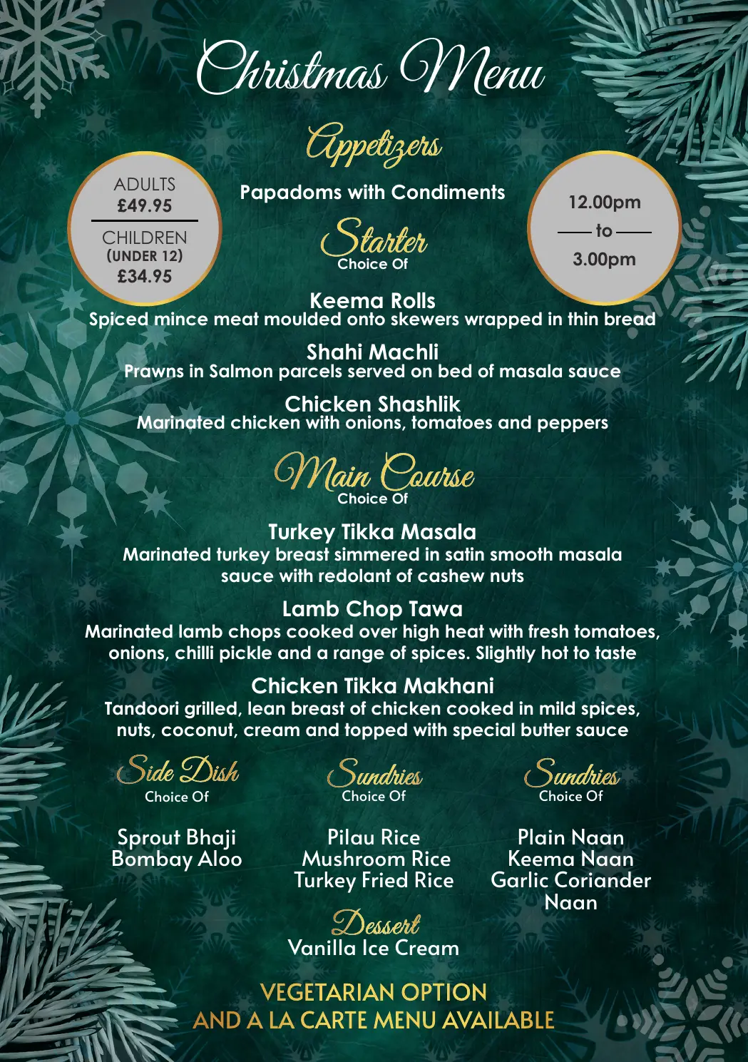 Cinnamon Arch Christmas Day menu with starters, mains, sides and dessert