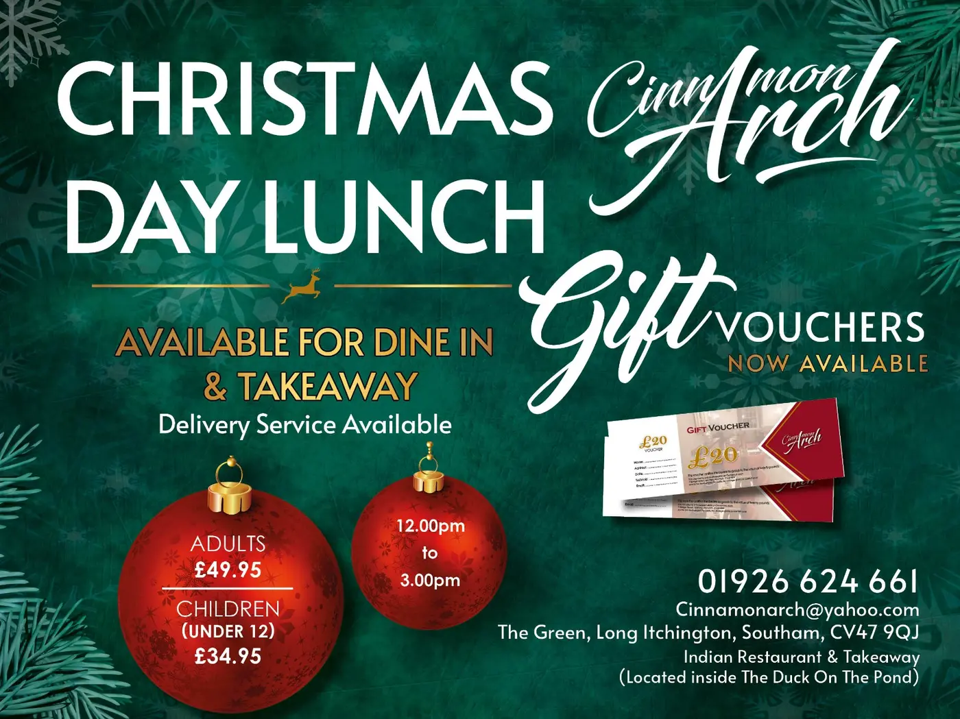 Cinnamon Arch Christmas Day lunch 2026 and gift vouchers